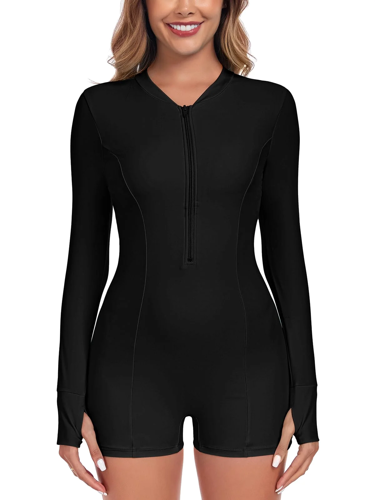 The Ocean Blues long-sleeve boyleg athletic swimsuit in black laid flat: the half zip at the neck, raglan seams and the boyleg cut