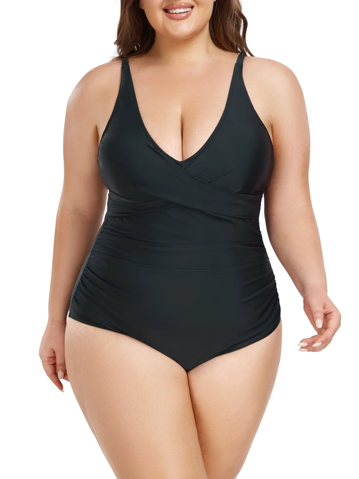 Ocean Blues Plus-Size Plunge-Neck Ruched One-Piece