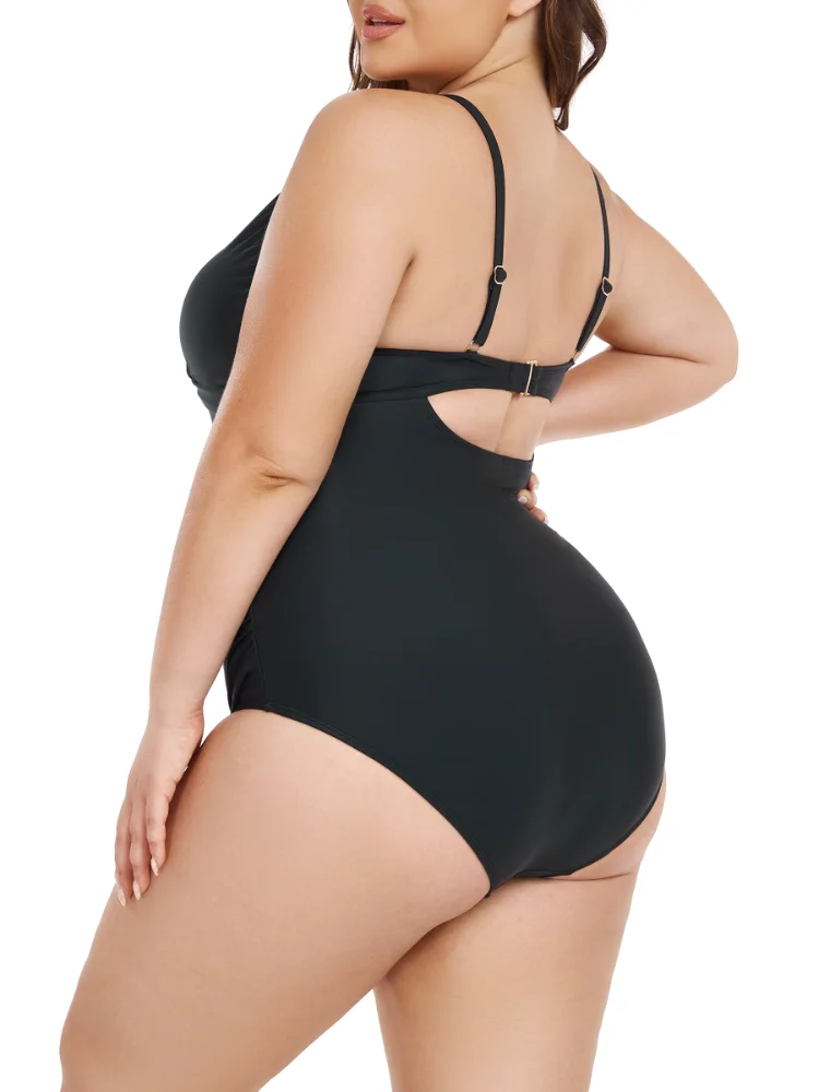 Ocean Blues Plus-Size Plunge-Neck Ruched One-Piece, view 3